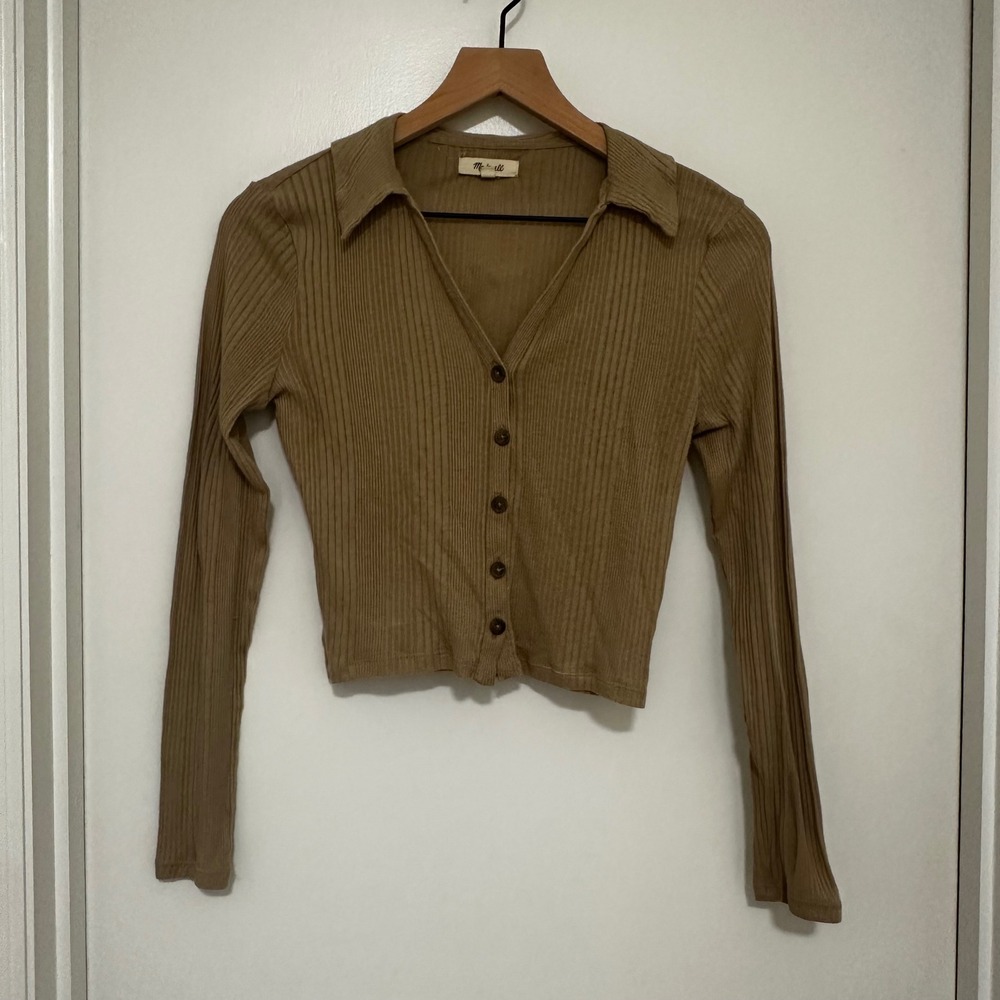 Madewell | Women's Tan Brown Long Sleeve Ribbed Knit Button Front Cropped Top, M - Picture 2 of 6